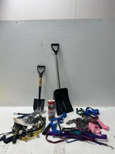 (1) Tote with assorted Elastic stretch cords, Fild-W-Way snow shovel, Chain, dog leashes; Dog harnesses, and more