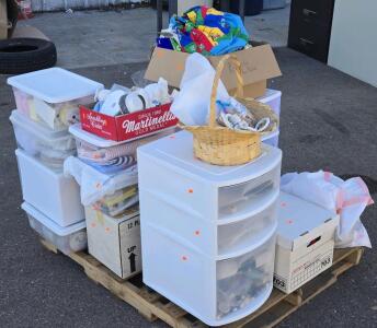 Whole Pallet of Assorted Arts & Crafts Items & Plastic Storage Bins