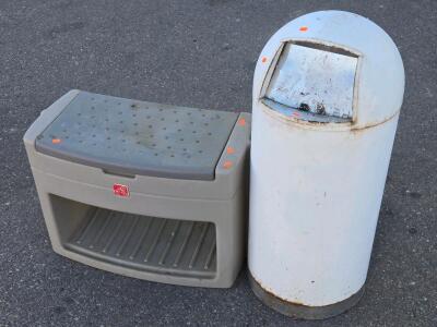 Vintage Metal Trash Can & Plastic Outdoor Storage w/ Gardening Tools