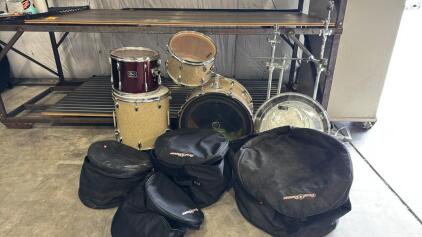 (3) Del Ray Drums (1) Pearl Drum (2) Symbol Stands (5) Drum Tops (4) Drum Bags