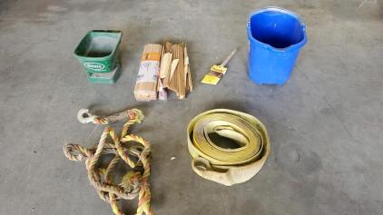 (2) Bunches Of Wood Shime, Scott Handy Seed Spreader,(2) Tow Straps, Purdy Paint Brush Blue Bucket