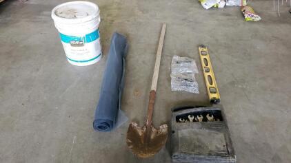 Wooden Handle Shovel, Level, Stanley Wenches, (2) Post Chips, Bucket Of Behr Plus Paint and Primer,Roll of Screen Netting