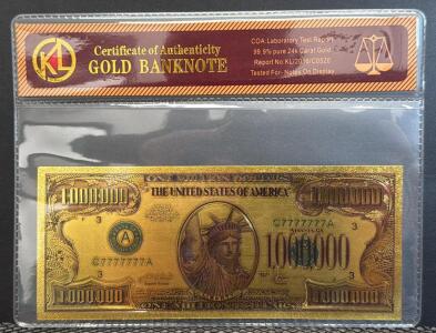One Million Dollar Gold Banknote Replica, KL, 24k Gold, Serial C7777777A