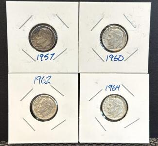 Set of 4 Roosevelt Dimes, 1957, 1960, 1962, 1964, U.S. Mint, Silver Composition