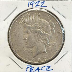 1922 Peace Dollar Coin, United States of America, 90% Silver, No Mint Mark