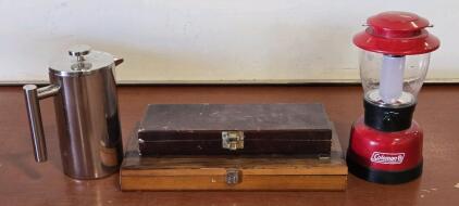Coleman Battery Lantern, Coffee Press & (2) Vintage Wood Storag Boxes