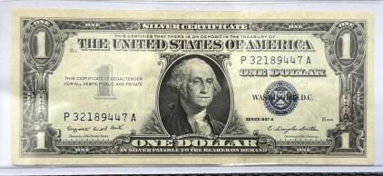 1957A One Dollar Silver Certificate, Serial P32189447A, Blue Seal