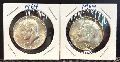 (2) 1964 Kennedy Half Dollar Coins, United States Mint, 90% Silver