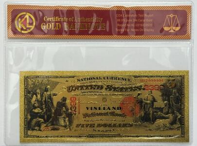 Vineland National Currency $5 Gold Banknote Replica, 24K Gold, WR999999