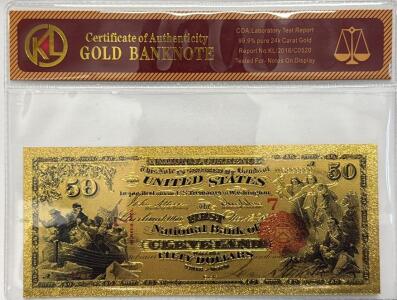 24k Gold $50 Banknote Replica, National Currency First National Bank Cleveland