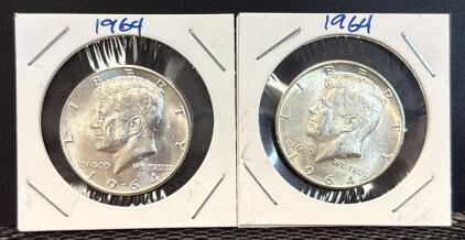 (2) 1964 Kennedy Half Dollar Coins, 90% Silver, U.S. Mint