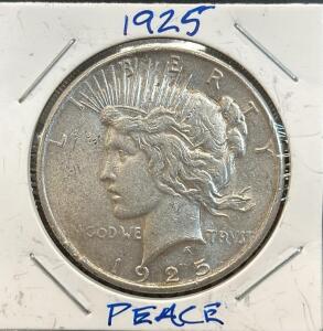 1925 Peace Silver Dollar Coin, 90% Silver, No Mint Mark, U.S. Mint