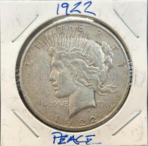 1922 Peace Dollar, Philadelphia Mint, Silver, One Dollar Coin