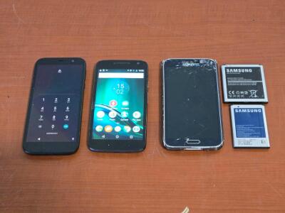 Assorted Older Smartphones: Motorola (Damaged), Tracfone, Samsung (Damaged) & (2) Samsung Batteries