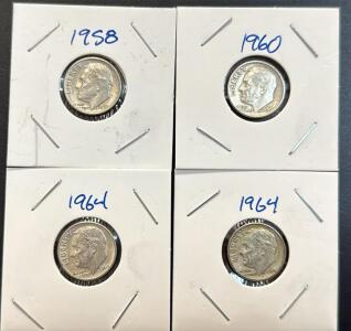 1958, 1960, 1964 Roosevelt Dimes Collection, U.S. Mint, 90% Silver