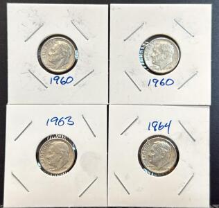 1960, 1963, 1964 U.S. Roosevelt Dimes, 90% Silver Coins