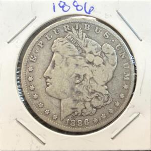 1886 Morgan Dollar Coin, Mint Mark O, 90% Silver, George T. Morgan Design