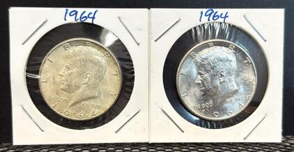 (2) 1964 Kennedy Half Dollar Coins, 90% Silver, No Mint Mark, Diameter 1.205 inches