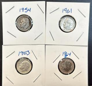 1954, 1961, 1963, 1964 U.S. Roosevelt Dimes, 90% Silver Collectible Coins