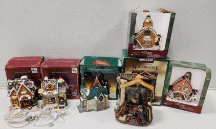 (1) Kirkland Signature Windowpane Waterglobe (1) Heartland Valley Village Porcelain Lighted Holiday House Bakery (1) Heartland Valley Village porcelain Lighted Holiday House Workshop And More