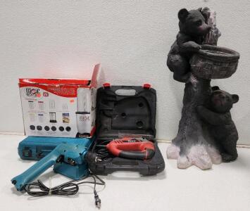 (1) Magic Bullet Hi-Speed Blender-Mixer System (1) Skil Orbital Jigsaw (1) Vintage Makita Cordless Drill (1) Black Bear-Themed Outdoor Decor