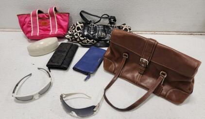 (1) Coach Madison Op Art Signature Satchel (1) Brown Leather Coach Hampton Satchel Bag (1) Blue Leather Coach Accordion Zip-Around Wallet And More