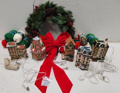 (1) Seasonal Ribbon Wreath (1) Lighted House Jo-Ann Fabrics 50th Anniversary Porcelain Limited Edition 1993 (1) Dickens Collectables Towne Series Christmas Village Lighted Tavern And More