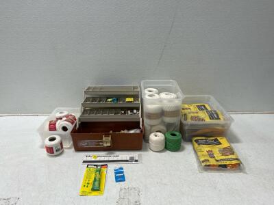 (1) Tackle box with sewing supplies (1) Box with crochet kits (2) Boxes of twine.