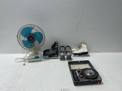 (1) Paragon Electric Company, Inc. timer (1) Edison fan. (1) Super skate roller skates (2) Pairs of vintage ice skates.
