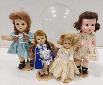 (1) Vintage 1950&rsquo;s Arranbee Vogue Littlest Angel Walking Doll (1) GiGi Doll Walker Bride A & H Doll (1) Vintage Madame Alexander-Kins Wendy Doll (1) Vintage Ginny Hard Plastic Walker Doll (1) Glass Display Dome