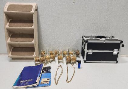 (1) Professional Makeup Train Case (14) Rolls Of Gold Plated Chains (1) Foldable Quik Shade Instant Canopy And More