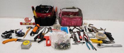 (1) Filled Husky 14-inch Open Top Supply Tool Bag (1) Filled Craftsman Tool Tote And Assorted Tools