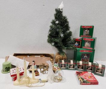 (1) Small Light Up Fiber Optic Christmas Tree (1) Toyland Water Ball Musical Snow Globe House of Lloyd Christmas Around the World Collection (2) Vintage Brass Reindeer Candle Holders And More