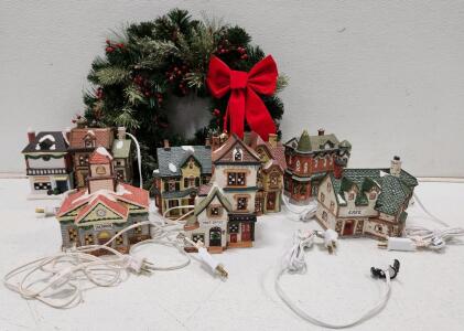 (1) Seasonal Hanging Wreath (1) Dickens Collectibles Porcelain Lighted Christmas Village House (1) Dickens Collectibles Porcelain Lighted Christmas Village School And More