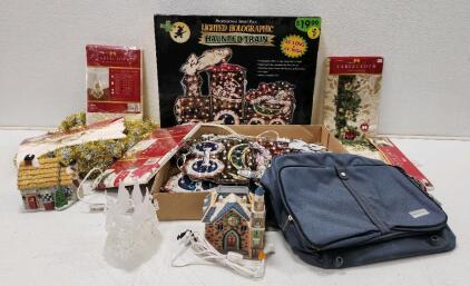 (1) Lighted Holographic Haunted Train Halloween Decoration (1) Department 56 Abel Beesley Butcher Shop Dickens' Village Series (1) Dickens Collectables Hand Painted Porcelain Lighted Church And More
