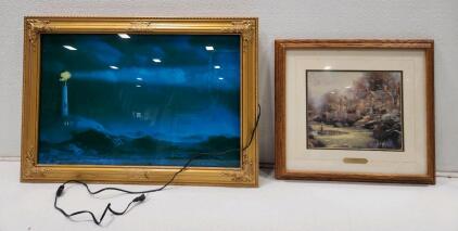 (1) 24 1/4"H X 34 1/2"W Vintage Framed Light Up Lighthouse Motion And Sounds of Ocean Wall Art (1) 20 3/4"H X 22 3/4"W Gardens Beyond Spring Gate Art Print by Thomas Kinkade