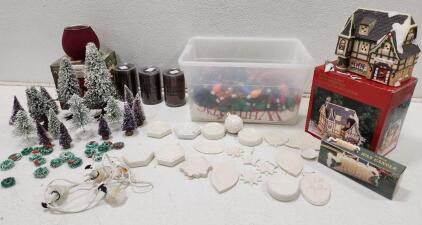 (1) Dickens Collectables Hand Painted Porcelian Lighted Quilt Shop (1) Wax Noel Candle (1) Holiday Times Votive Red Handle Holder And More