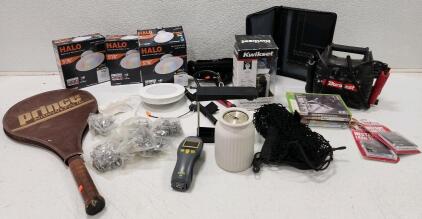 (1) Kwikset Electronic Deadbolt (1) Top Flite Power Point Precision Magnetic Blade Balancer (1) Vintage Prince International 110 Tennis Racquet And More