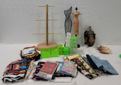 (1) Marty the Moose Bird Feeder *NEW* (1) Jewelry Tree (2) Miniature Decorative Dress Forms (1) Various Small Plastic Storage Bag of Fabric Scraps