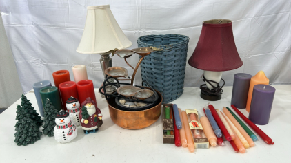 (2) Table Lamp (1) Copper Waterfall Display (15) Various Colored Candles & More