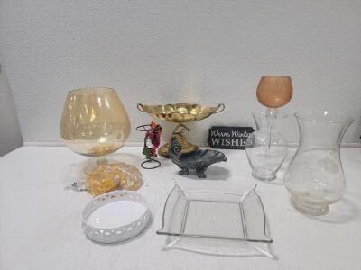 (1) Vintage Art Nouveau Heavy Cast Iron Dragon Foot Trinket Dish (1) Partylite White Lattice 3 Wick Candle Holder (1) Vintage Brass Pedestal Bowl w/ Brass Swan (1) Giant Brabdy Snifter 12" Tall, Glass and More