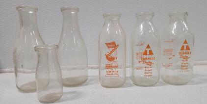 (3) 1 Quart "Triangle Dairy" Milk Bottles (2) 1 Quart Glass Milk Bottles (1) l/2 Pint Glass Milk Bottle