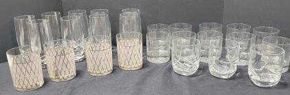 LARGE Lot of Highend Glassware, Some Vintage (4) Culver MCM Vintage Gold Lattice Low Ball Rocks Glasses Set Of 4 22K Gold (4) Double Old Fashioned Glasses Ravel Square Twisted Base, Luigi Bormioli Italy (9) Ravel 14 oz Highball Glasses Square Twisted Bas