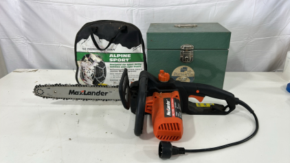 (1) MaxLander ML7J159 Electric Chainsaw W/ 14&rdquo; Bar (1) Alpine Sport Tire Chains (1) Hamilton Porta-File Giant Size