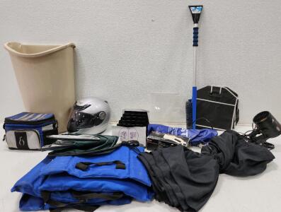 (1) Scorpion EXO-400 Full-Face Motorcycle Helmet (2) Blue Padded Stadium Seats (1) RoadPro 12-Volt Tornado Fan And More