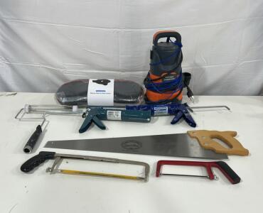 (1) Portable Submersible Sumppump (1) Nicholson Speacial Steel 29&rdquo; Hand Saw (2) Smooth Rod Caulk Gun & More