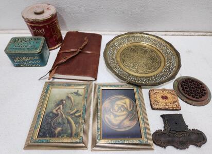 (1) Vintage Moroccan Brass Decorative Tray (1) Leather-Bound Sketchbook (1) Vintage Tin Paradise Cut Plug Smoking Tobacco And More