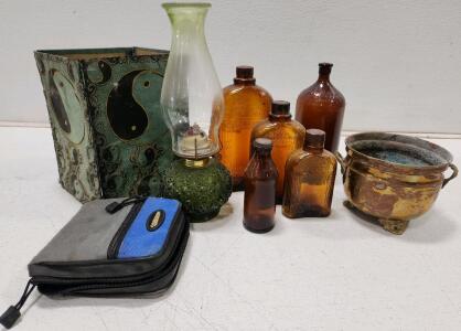 (1) Vintage MCM LE Smith Tall Green Glass Hurricane Oil Lamp (3) Vintage Hiram Walker And Sons Whiskey Bottles (1) Vintage brown Glass Clorox Bleach Bottle And More