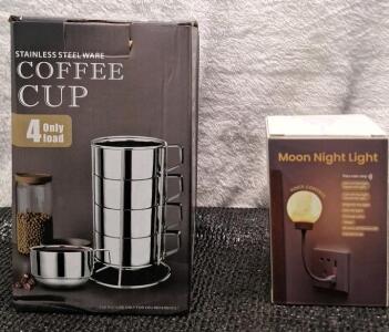 (1) 4-Piece Stainless Steel, Vacuum Insulated Coffee Cup Set & (1) USB Powered Moon Night Light