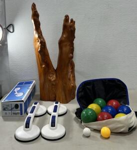 (2) Stable & Safe Station Grab Bars ,(1) Set Complete Bocci Ball Set,(1) Wooden Sculpture Art,( Please Read Description)